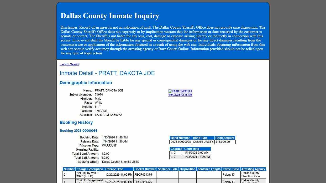 Inmate Detail - PRATT, DAKOTA JOE